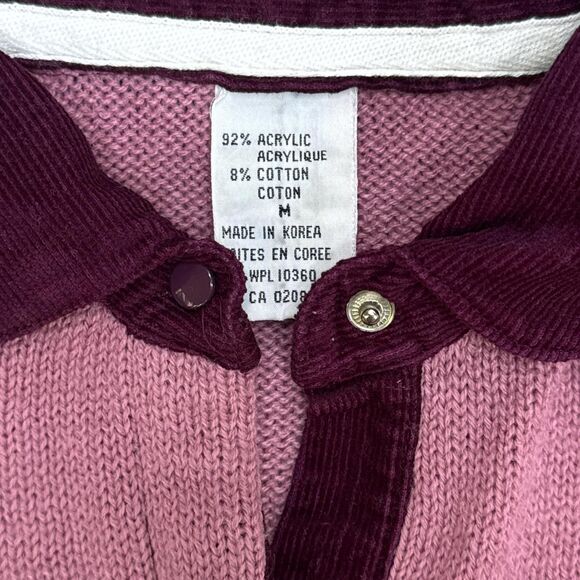 Vtg Y2K pink and purple raglan striped rugby sweater with corduroy snap collar - Picture 3 of 6